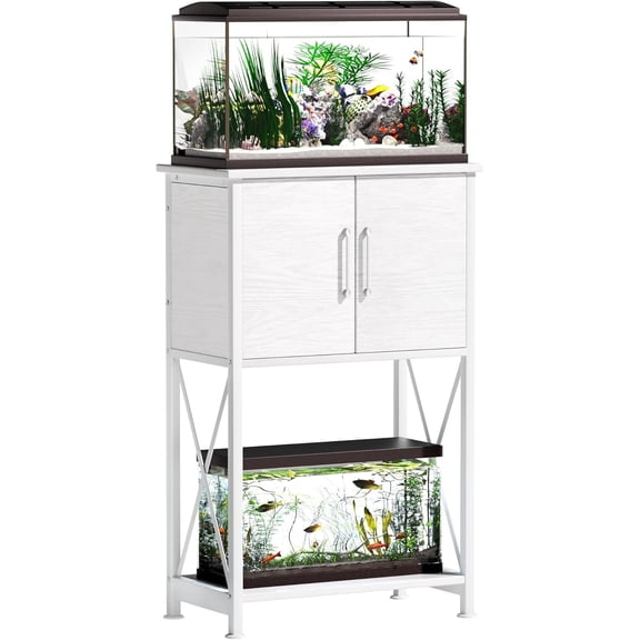 5-10 Gallon Fish Tank Stand, Metal Double Aquarium Stand with Cabinet for Fish Tank Accessories Storage, Heavy Duty 20.5" L* 11.02" W Tabletop, 500LBS Capacity White