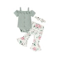 thumbnail image 2 of Baby Girls Summer Outfit, Short Sleeve Romper with Flower Leopard Print Flare Pants and Bowknot Headband, 2 of 10