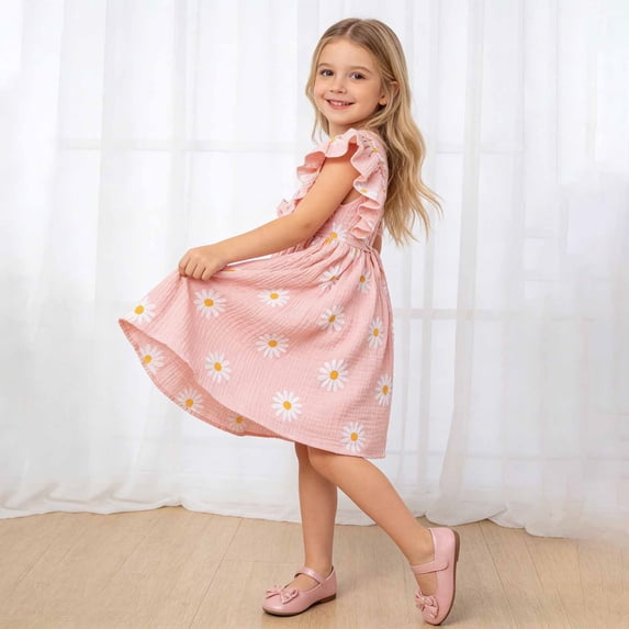 Zanarzt Toddler Girl Boho Dress Ruffle Sleeveless Casual Dress Kids Floral Summer Beach Sundress Boho Dress 5-6 Years,Pink
