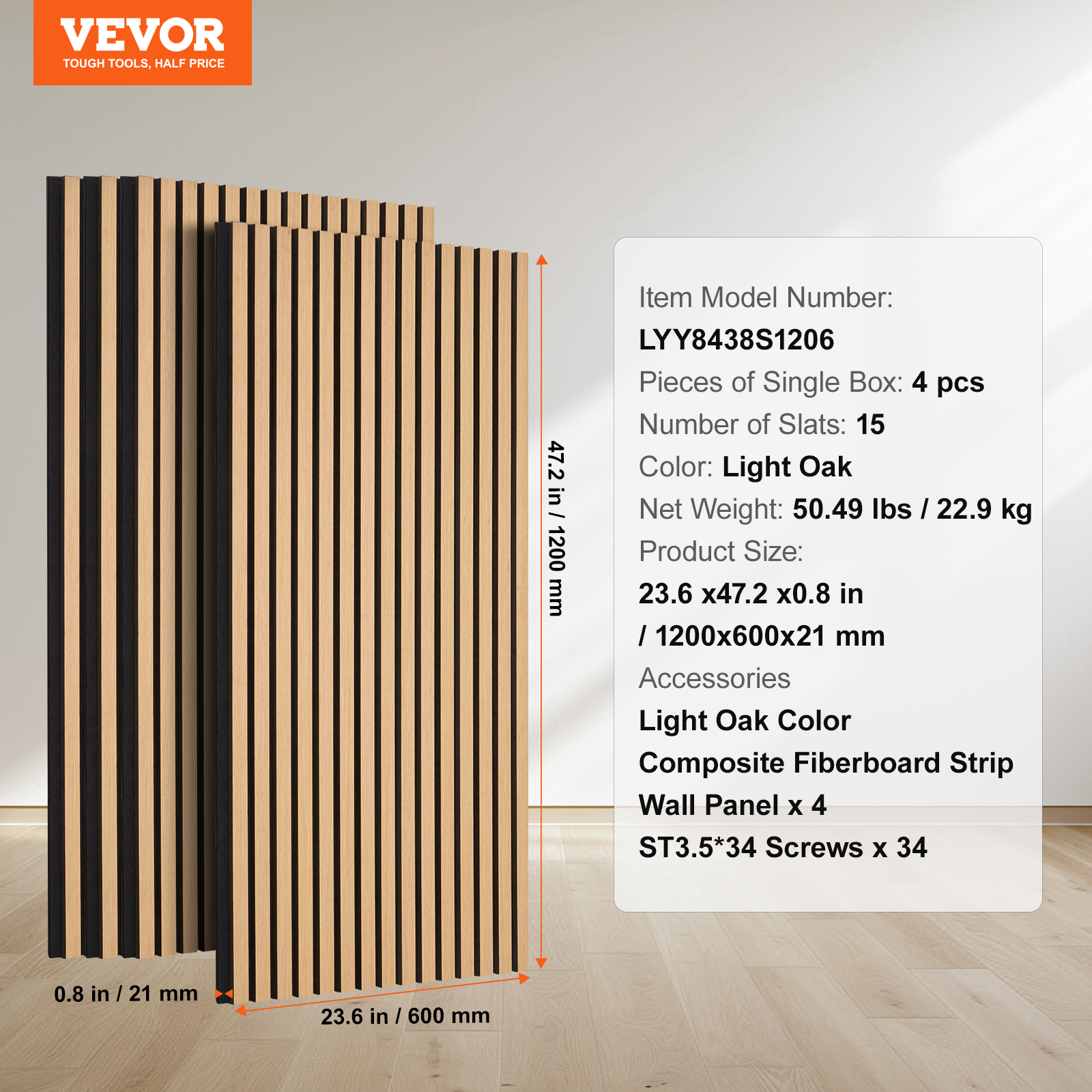 VEVOR Wood Slat Acoustic Panels, 23.6 x 47.2 inch, MDF Accent Wooden Wall Panels for Modern Interior Wall Decor, Faux Wood Wall Board Panels for Noise Reduction, Light Oak