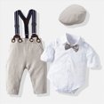 thumbnail image 2 of Xudanell Toddler Outfits for Boys Gentle Romper Suspenders Pants Set with Hat Baby Birthday Boy Suit White 3-6 Months, 2 of 5