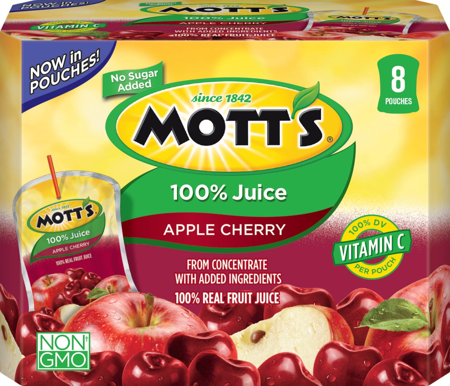 Mott's 100 Apple Cherry Juice, 6.75 Fl Oz Pouches, 8 Count (Pack of 4