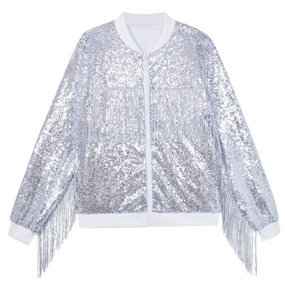 FINALGANG Girls Kids Casual Coat Sequin Fringe Long Sleeve Jacket Solid Color Full Zipper Relaxed Fit Coat For Performance Fashion Wear Stylish Outerwear