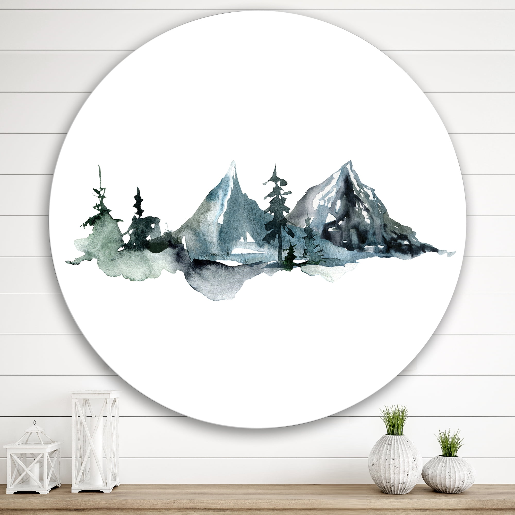 Designart 'Minimalistic Fir Forest and Winter Mountains III' Modern Circle Metal Wall Art 29x29 - Disc of 29
