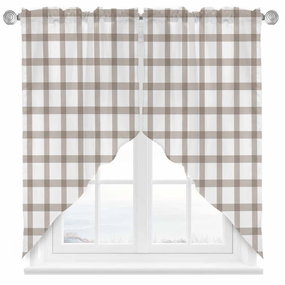 Light Brown Swag Valances for Windows 2 Pack Checkered Swag Kitchen Curtains 45 Inches Long Rod Pocket Short Window Treatment for Kitchen Bathroom 36"x45"