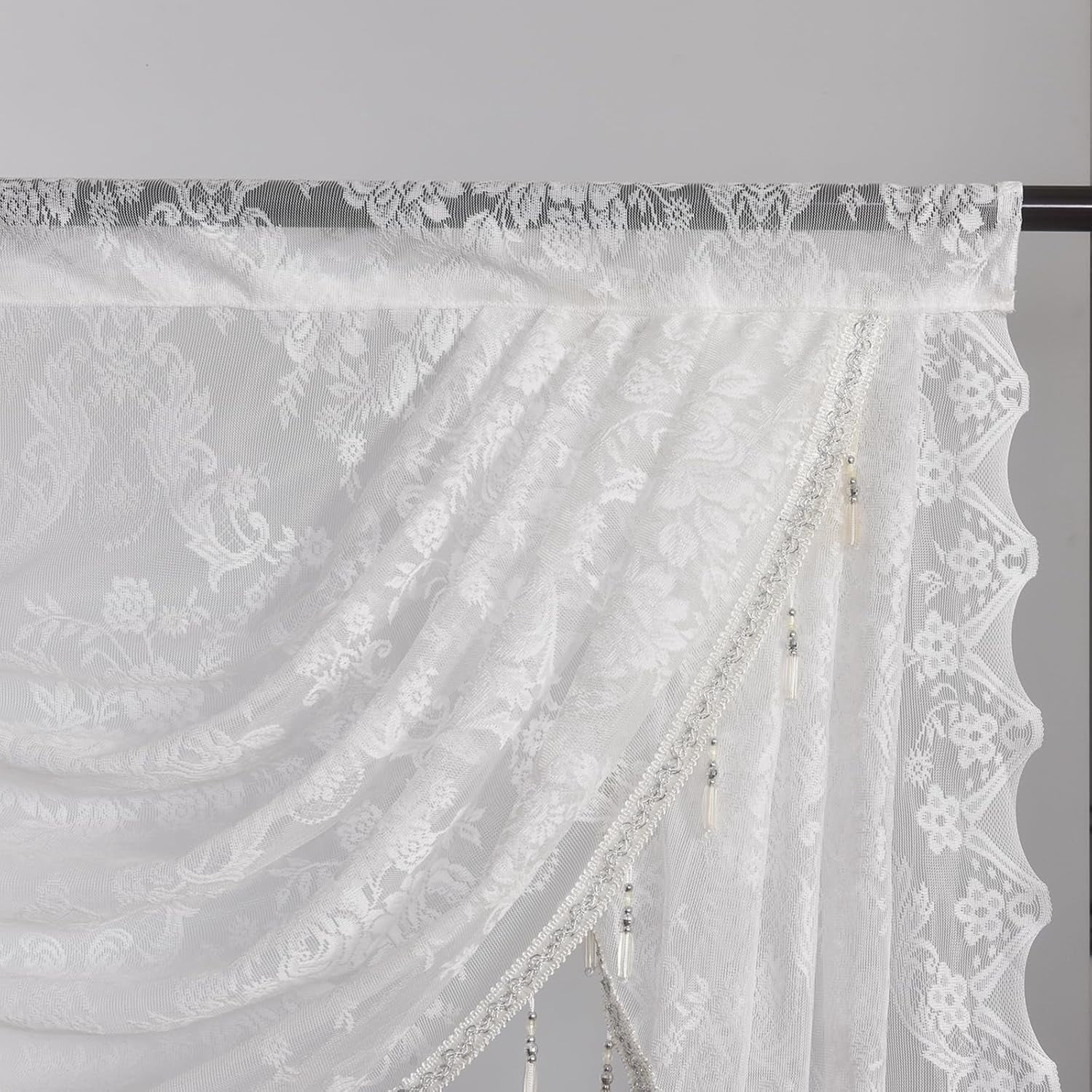 XmhyTop-A White Window Valance 150x105cm, 1 Piece Bead Tassels Floral Semi Sheer Rod Pocket Valance Curtains, Decorative Lace Valance for Home