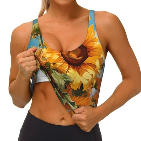 Qokaie Sunflower Blue Sky Pattern Womens Scoop Neck Sports Bra Breathable Workout Vest Padded U Back Medium Impact Fitness Gym Yoga Bra Workout Crop Top