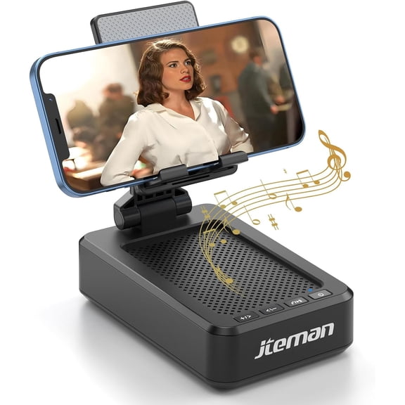 A mobile phone stand with a wireless Bluetooth speaker and a non-slip base