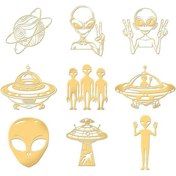 9 pegatinas metálicas doradas de 4 x 4 cm, pegatinas metálicas de extraterrestres, pegatinas autoadhesivas de epoxi doradas espaciales, pegatinas de OVNI