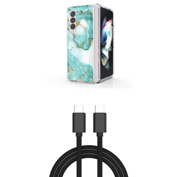 Accessory Bundle for Galaxy Z Fold 4: Slim Snap-On Case (Aqua Green Marble), PD Power Delivery USB-C to USB-C Cable (3 Feet)