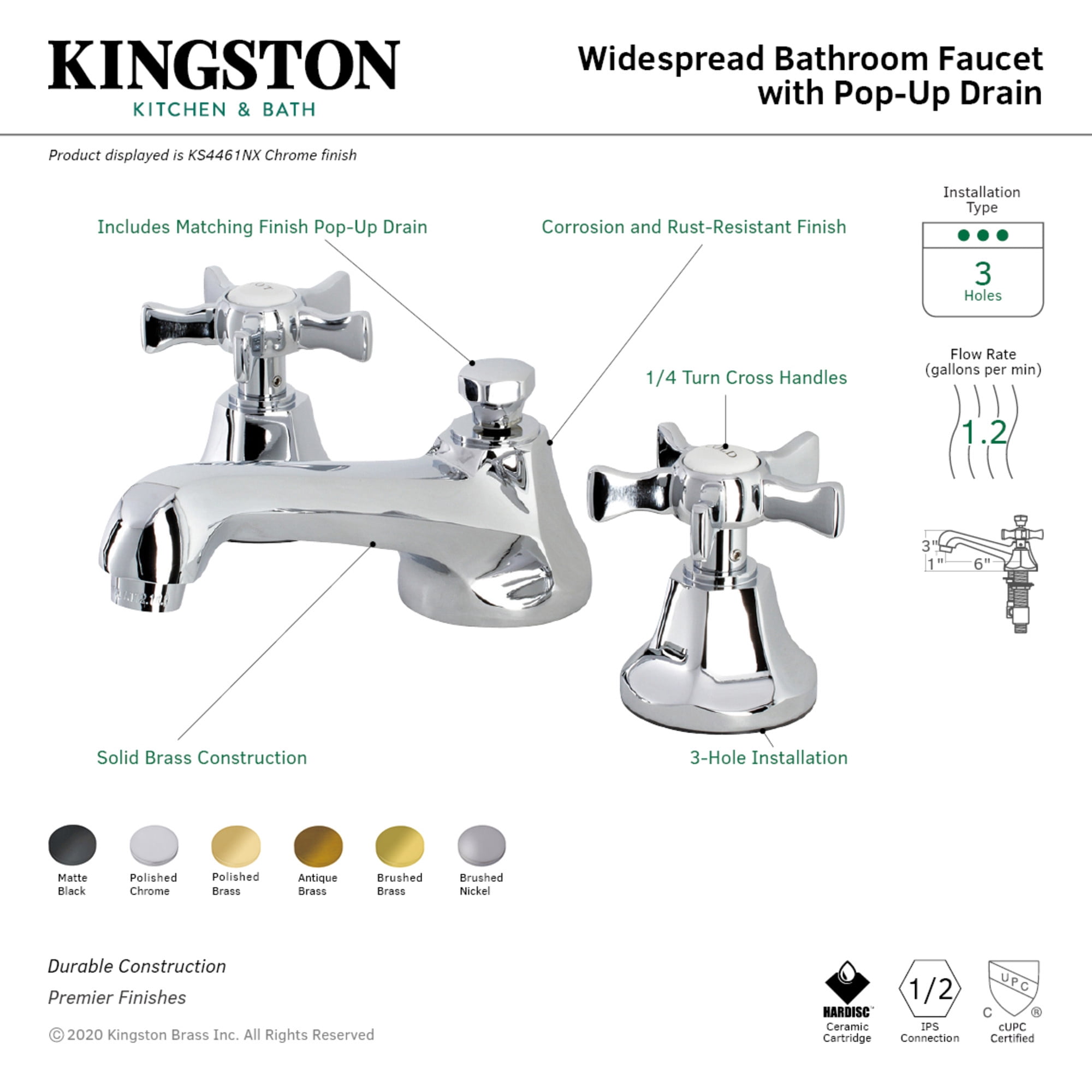 Kingston Brass KS4460NX Hamilton Widespread Bathroom Faucet with Brass Pop-Up, Matte Black