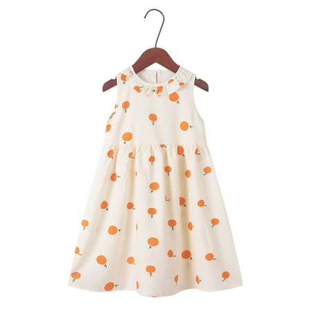 QTOCIO Toddler Girls Dresses, Baby Girl Clothes, Fashion Girls' Summer New Short Sleeve Ruffled Pockets Round-Neck Printed Dress, Orange, 9 Years