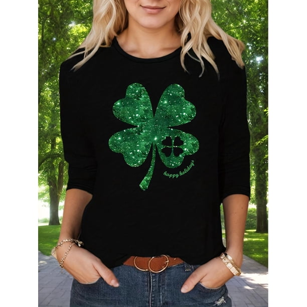Camiseta De Mujer Verano Activewear Camiseta Básica Para Senderismo Deportes VacacionesWomen's St. Patrick's Day Lucky Clover T-Shirt - Long Sleeve, Crew Neck, Casual White Top with GreenCamisetas d