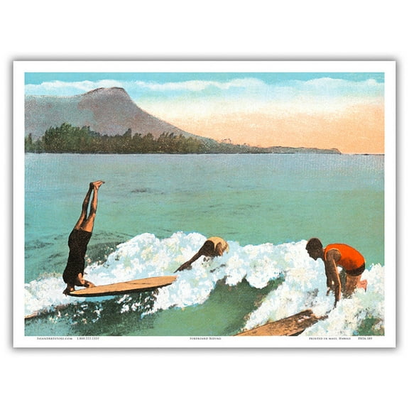 Surf Board Riding - Hawaiians Surfers - Honolulu Hawai’i - Vintage Hawaiian Color Postcard c.1930s - Master Art Print (Unframed) 9in x 12in