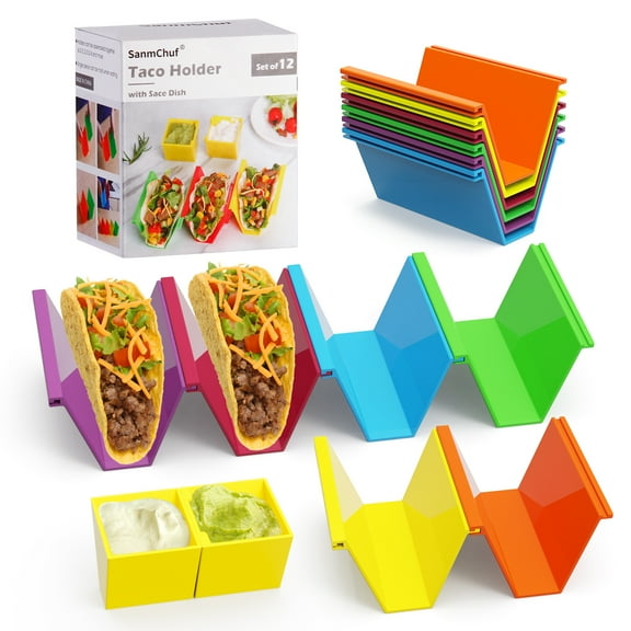 Microwave Safe Taco Holder Set of 12, Colorful Taco Stand with 2 Condiment Dishes,Taco Tray Plates for Taco Bar Gifts & Accessories,Large Plastic Stackble&Convenient Taco Shell Rack,BPA-Free