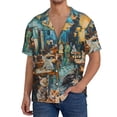 thumbnail image 1 of Balery Whimsical Cats Night Cafe Camisa Casual de Manga Corta con Botones para Hombre, Texturizada, Estilo Cubano, para Playa, Verano-Large, 1 of 5