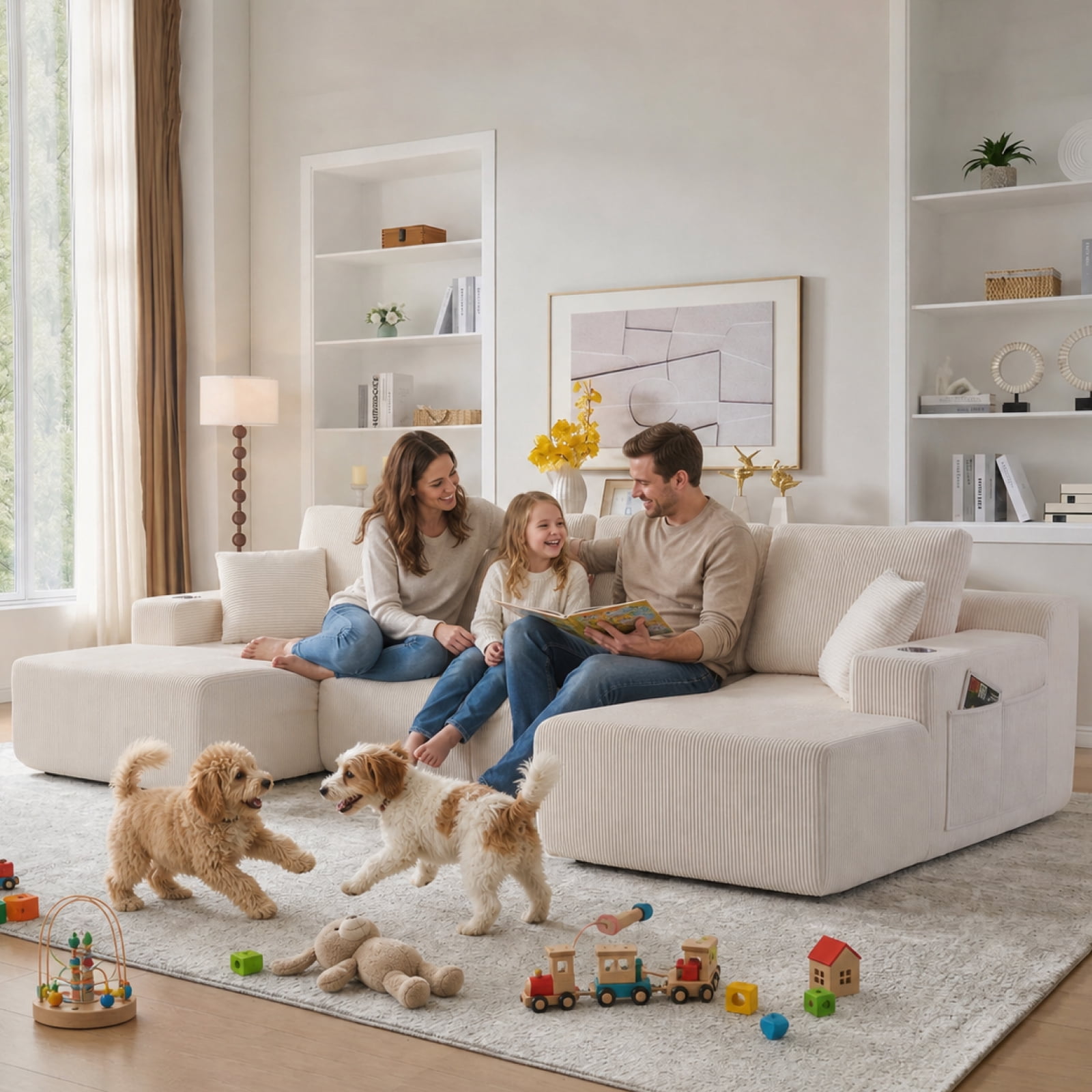 130" U-Shaped Boneless Modular Sectional Sofa with Chaise, 6 Pillows and Cup Holders