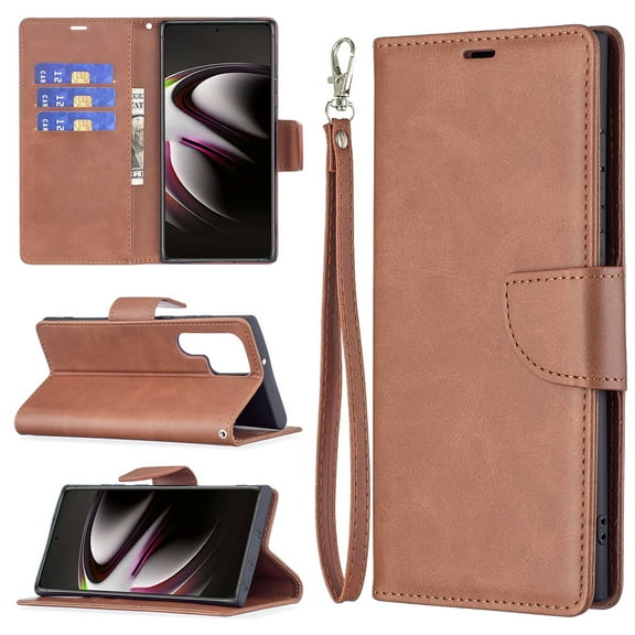 Wallet Case for Samsung S22 Ultra, Retro Solid Color Premium Leather Credit Card Holder Wallet RFID Blocking Case with Wrist Strap Stand Magnetic Flip Cover for Samsung Galaxy S22 Ultra, Brown