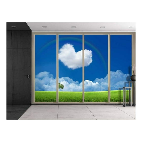 Wall26 - Green Field with a Heart-Shaped Cloud and a Rainbow Over It Viewed from Sliding Door - Creative Wall Mural, Peel and Stick Wallpaper, Home Decor - 100x144 inches