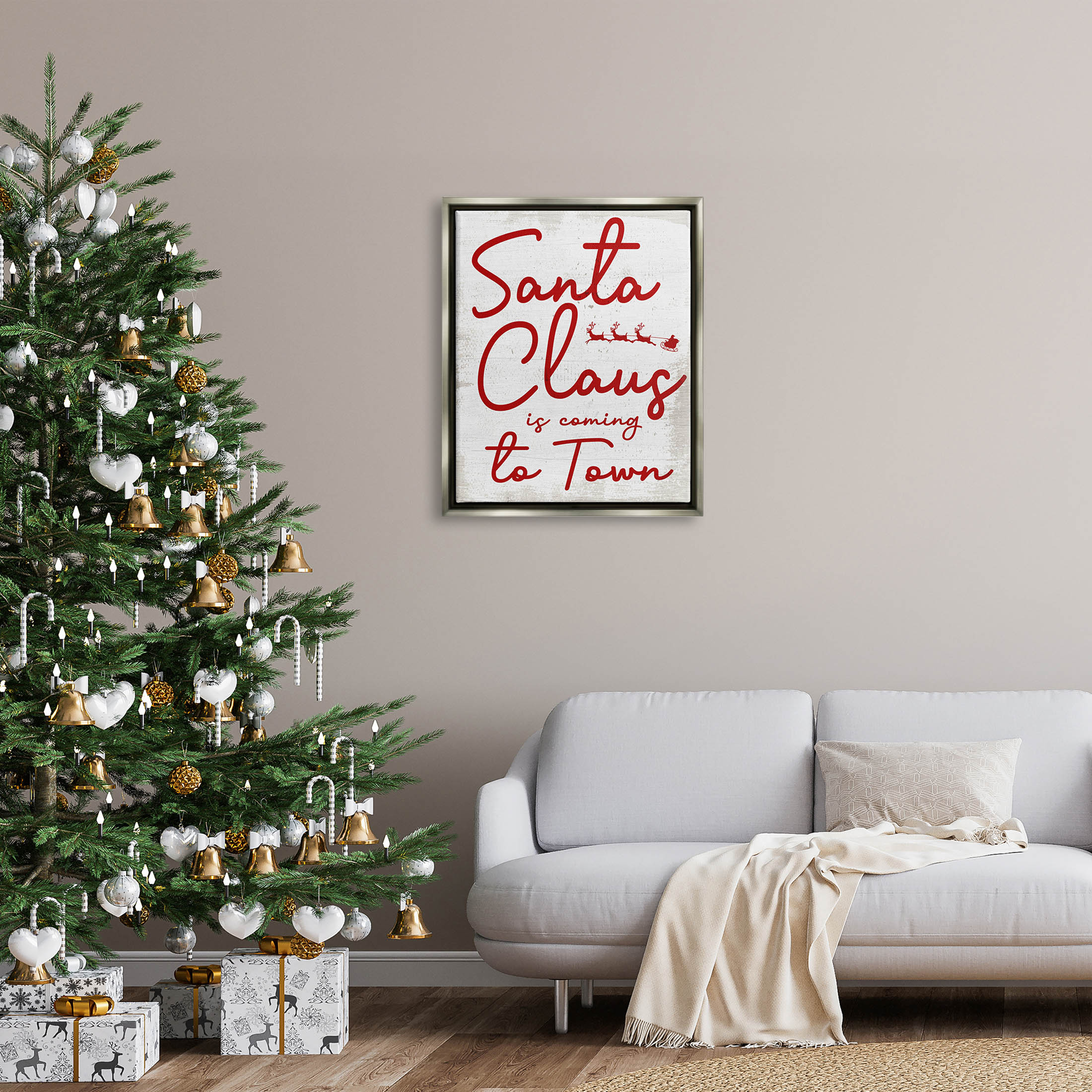 Santa Claus Coming to Town Phrase Holiday Graphic Art Luster Gray Framed Art Print Wall Art