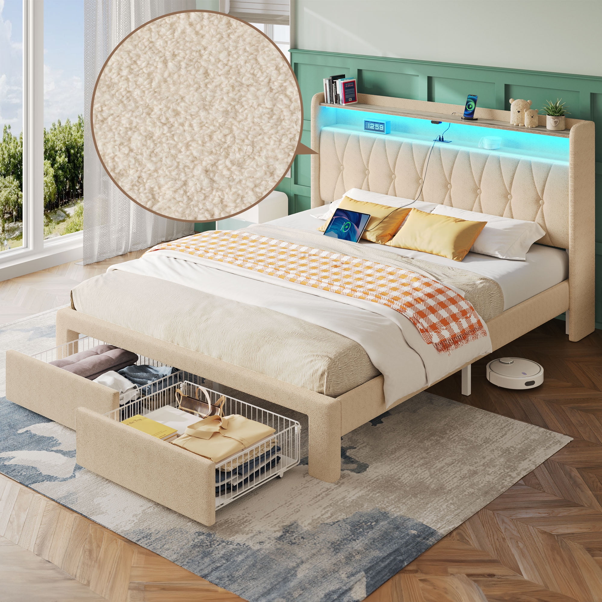 Greenstell Queen Bed Frame with Storage Drawers, Upholstered Bed with LED Light and Linen Fabric Storage Headboard, Off White