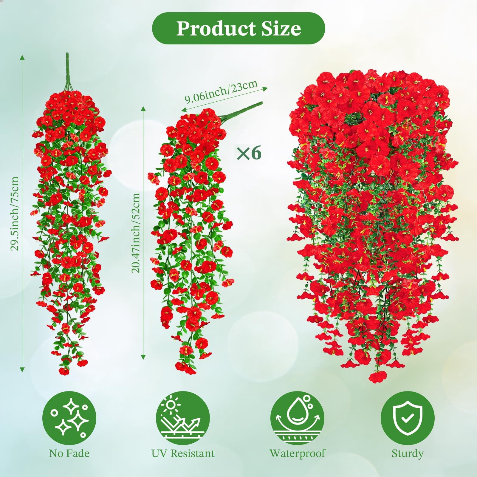 Artificial Hanging Flowers for Outdoors, 6 PCS Silk Morning Glory Artificial Flowers with Eucalyptus Leaves, UV Resistant Fake Flower Realistic Faux Plants for Home Patio Porch Garden0