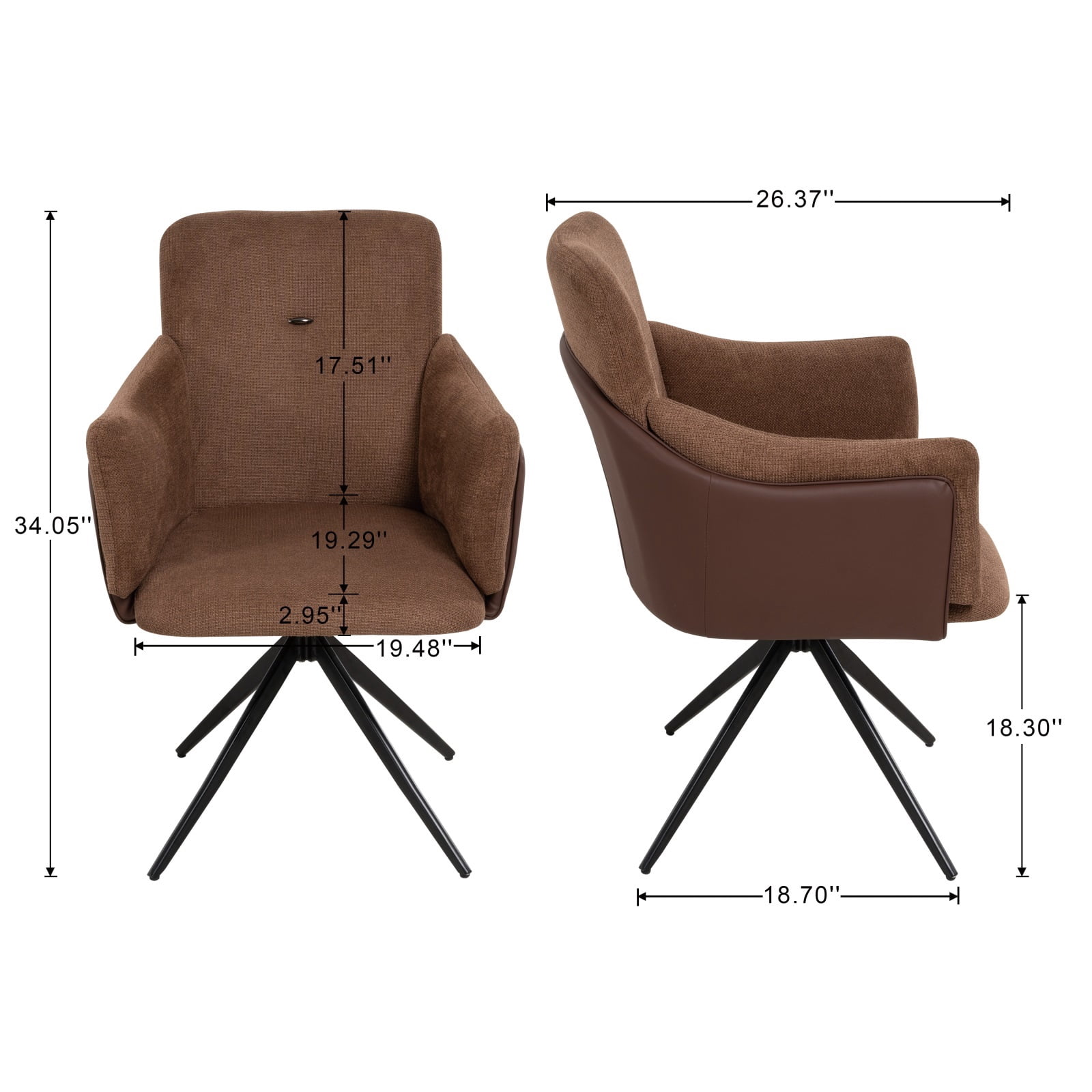 Hommoo 360° Swivel Accent Chair Set of 2, Modern Linen Upholstered Armchair with Metal Base, for Home & Office, Dark Brown