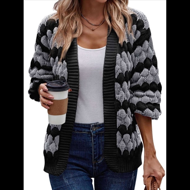 Suéter de Invierno de Punto Holgado con Rayas y Mangas Farol para Mujer, Moda de Otoño Gris Negro XL