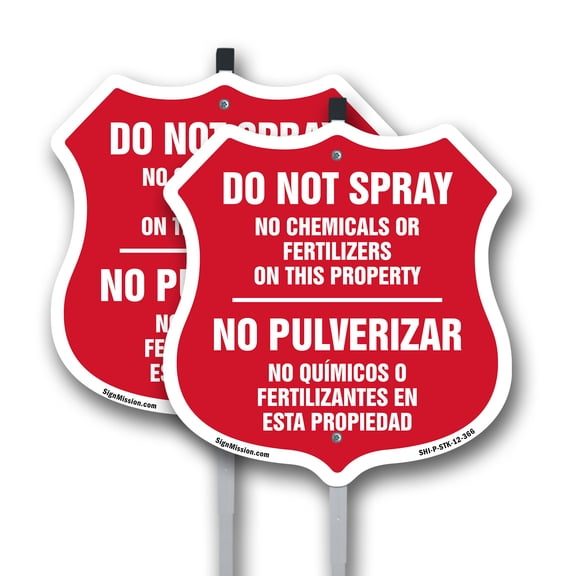 Bilingual No Spray Do Not Spray No Chemicals Or Fertilizers On This Property No Pulverizar (2 Pack) 12 inch X 12 inch Shield Shaped Aluminum Metal Signs with Aluminum Mounting Stakes