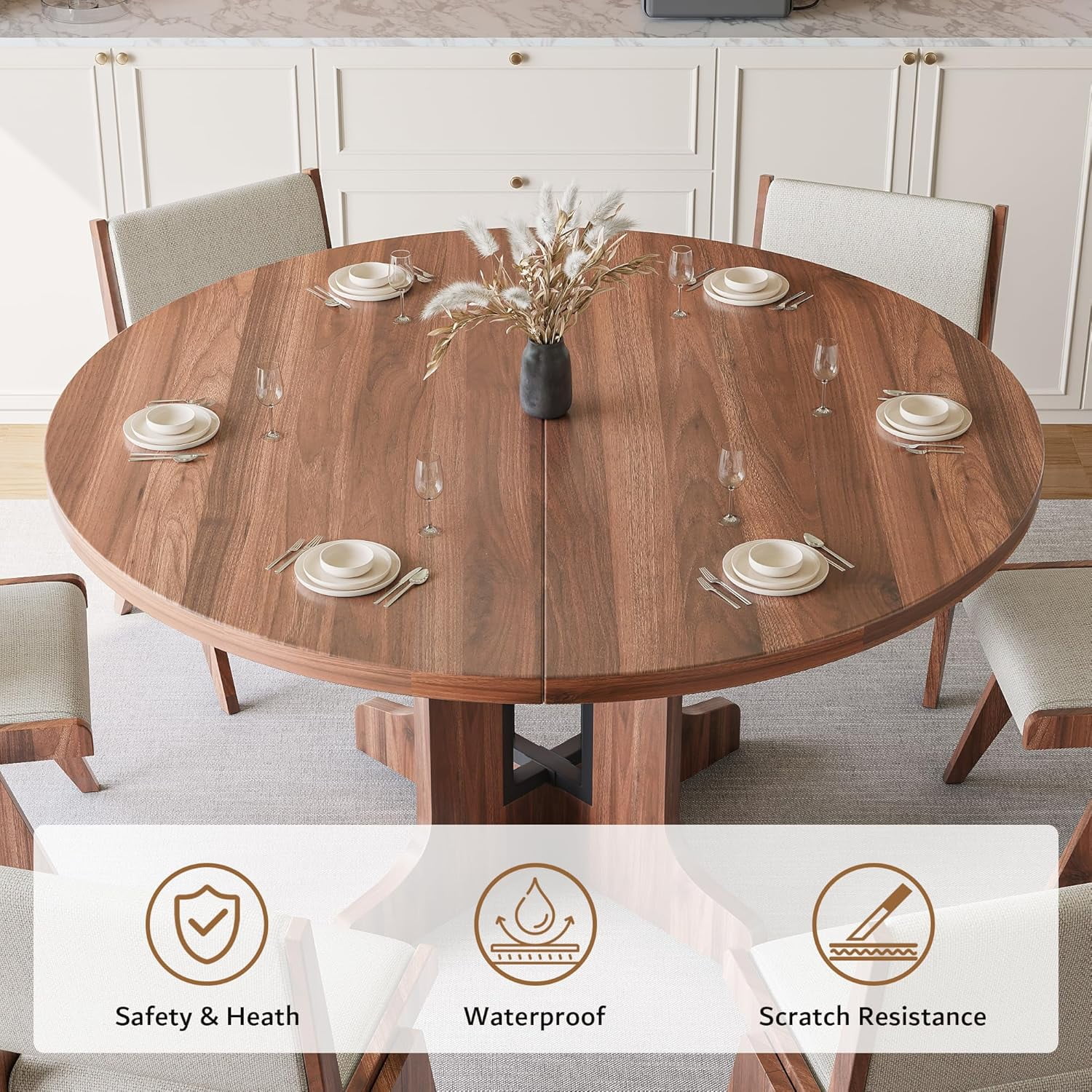 iPormis 59" Round Extendable Dining Room Table for 6, Modern Oval Kitchen Table with Heavy Duty Wood Base, Dinette for Kitchen Living Room,Walnut