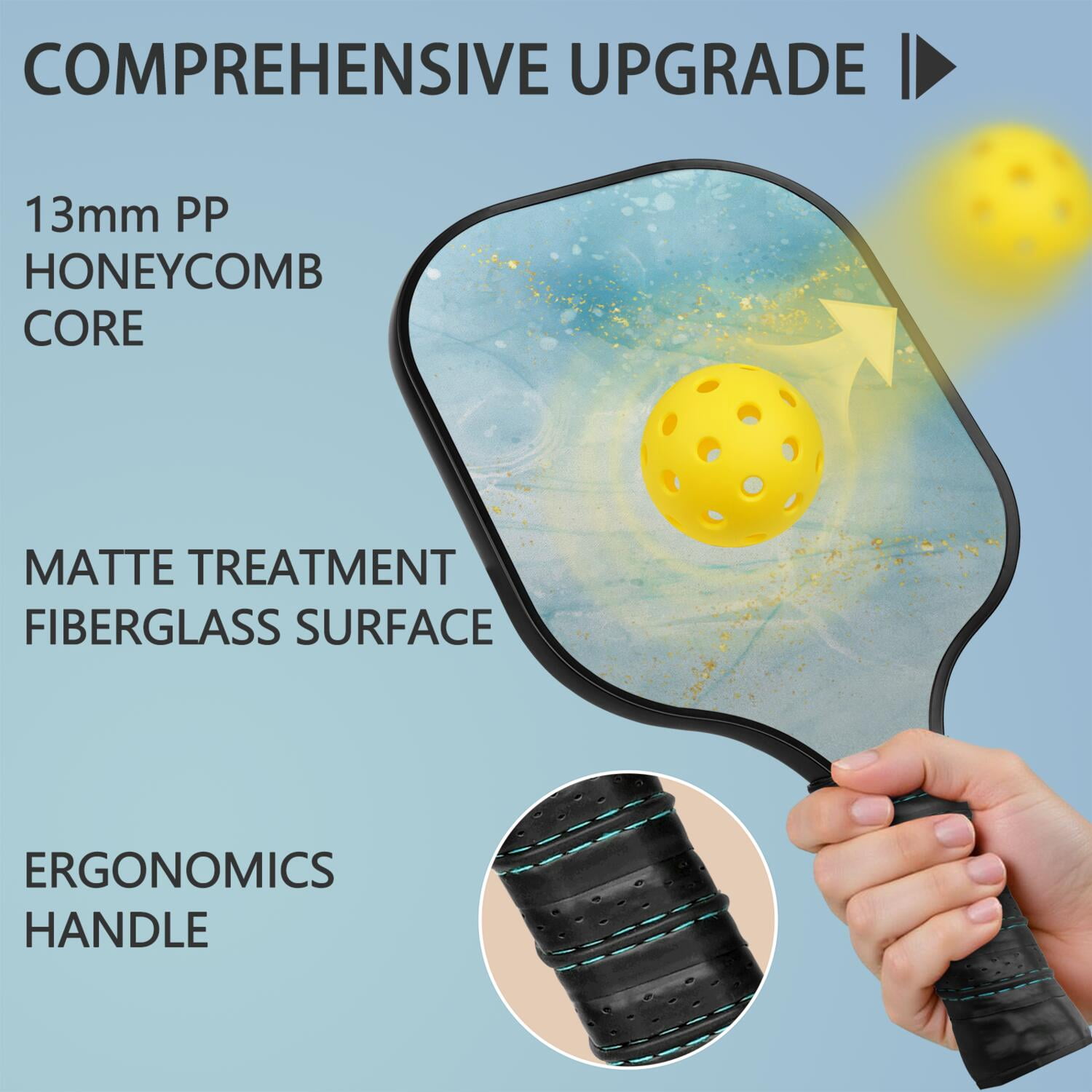 Pickleball Paddles Set Of 2, Fiberglass Surface, Turquoise Marble Pattern, 4 Balls & Bag
