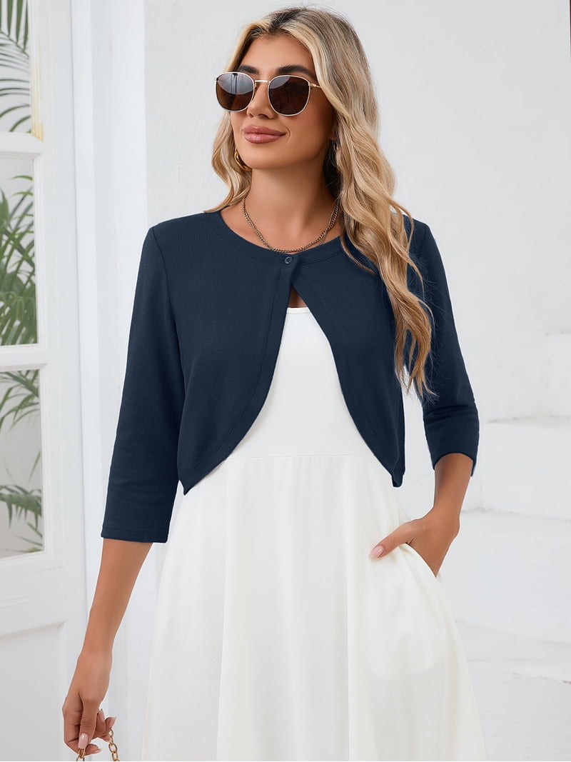 Chiclily Women's 3/4 Sleeve Cropped Cardigans Sweaters Lightweight Open Front Short Shrugs for Dresses, Navy Blue M - Walmart.com Chiclily Women's 3/4 Sleeve Cropped Cardigans Sweaters Lightweight Open Front Short Shrugs for Dresses, Navy Blue M - Walmart.com