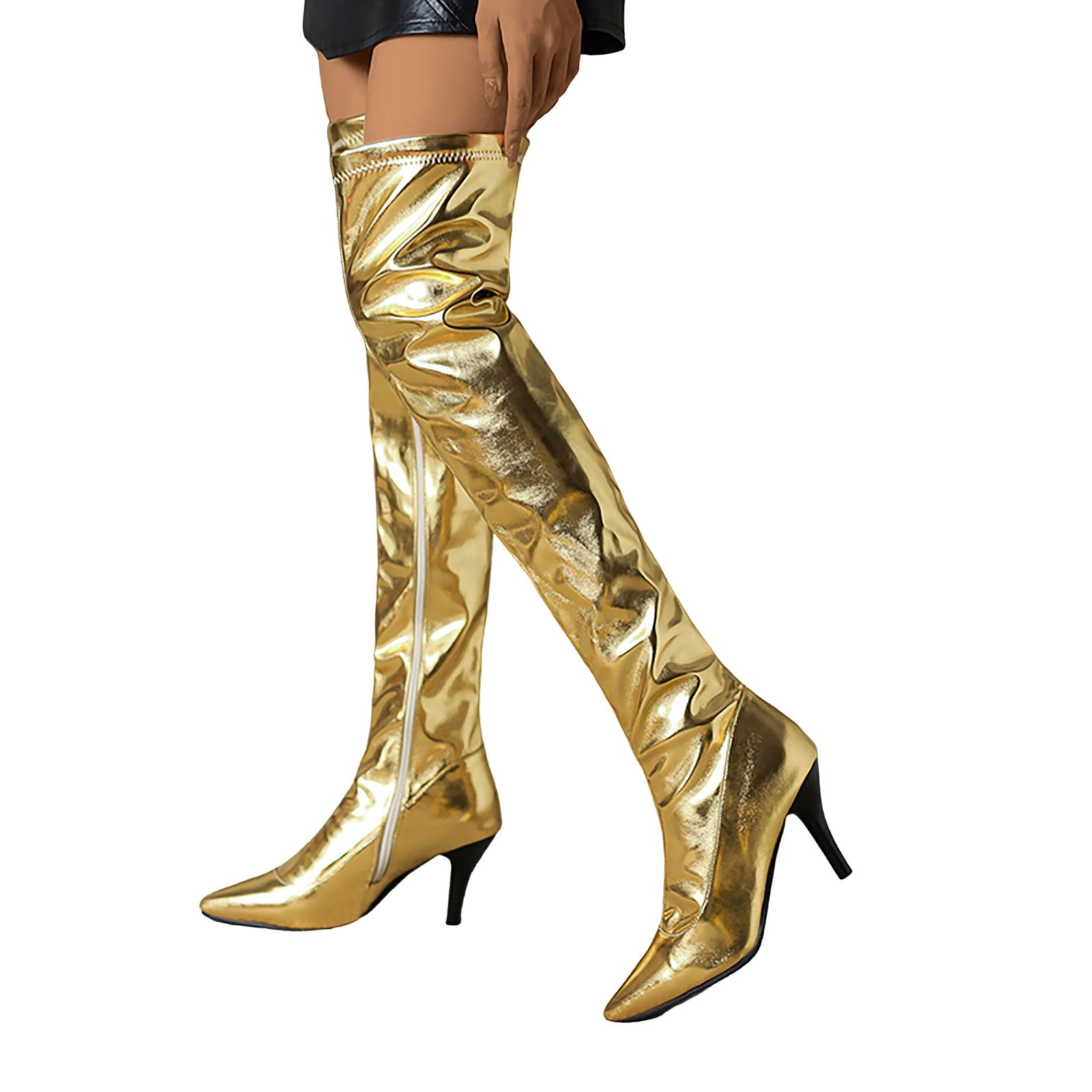 JDEFEG Nightclub Fashion High Heel Boots for Women Metal Style