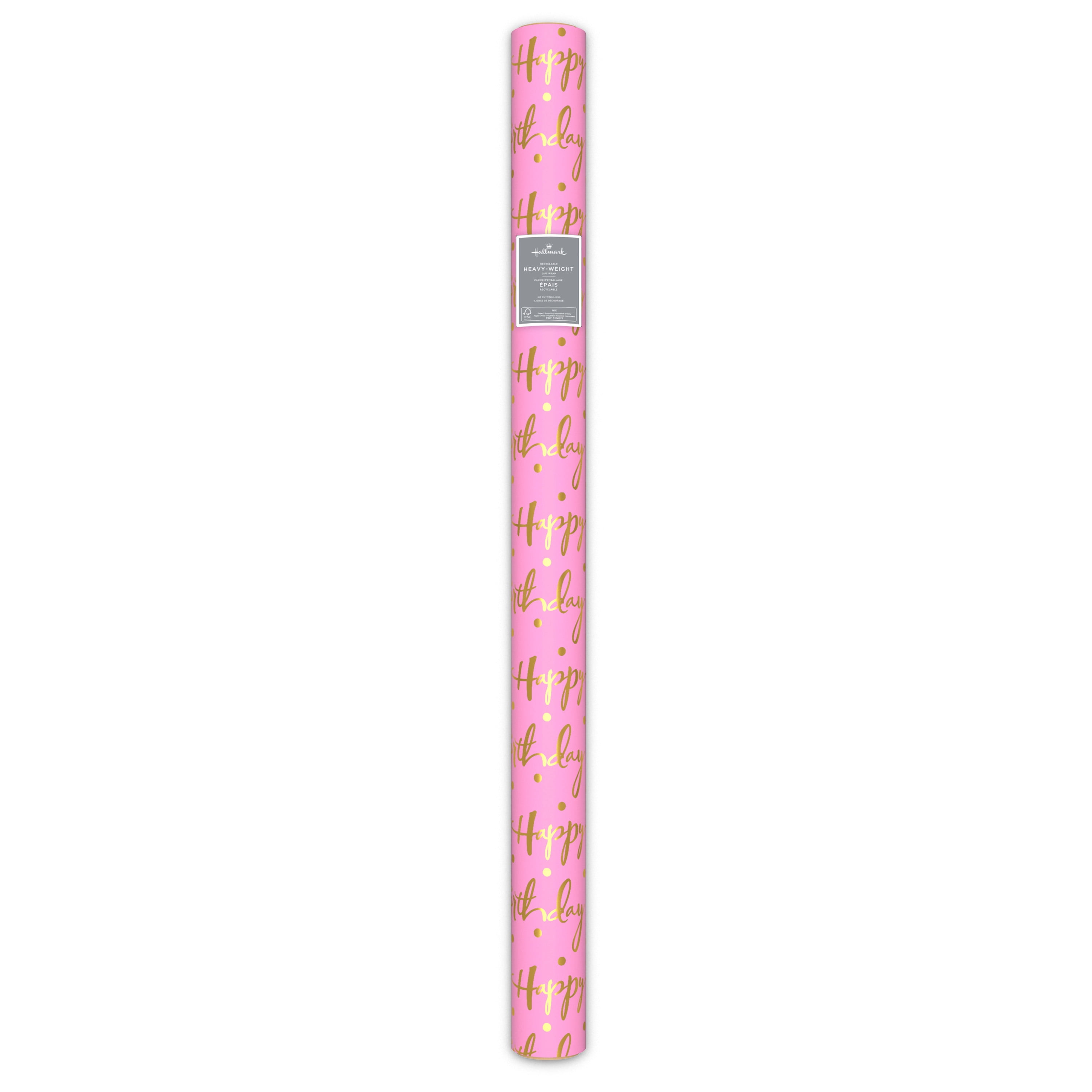 Hallmark Birthday Wrapping Paper Roll (Gold Lettering on Pink) 20 sq. ft.