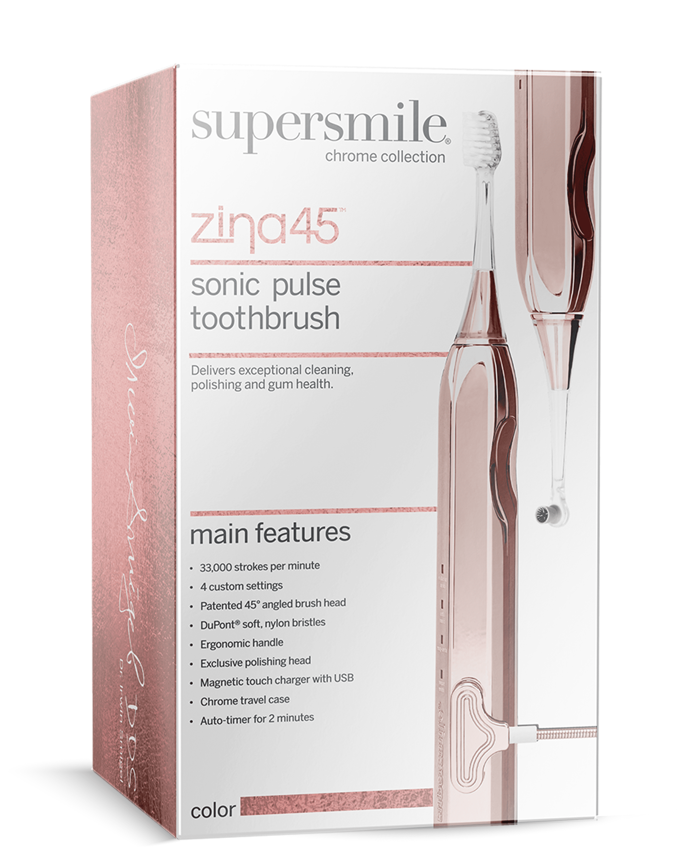 Supersmile Zina45 Sonic Pulse Electric Toothbrush - Rechargeable Whitening Tooth Brush w/Polishing Head - 4 Cleaning Modes, Rose Gold