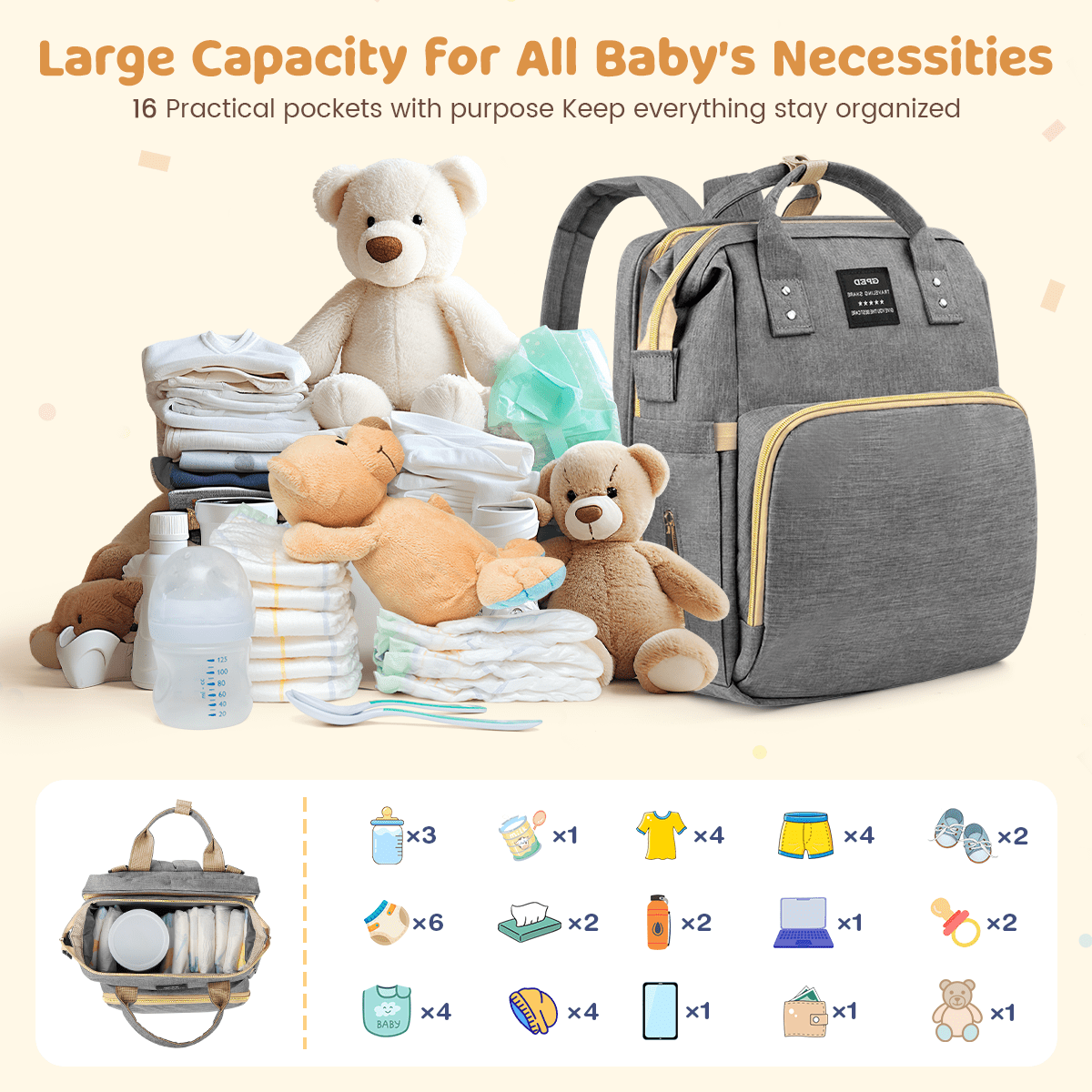GPED Diaper Bag Backpack, Multifunctional Baby Changing Bag with Foldable Crib & Insulated Milk Bottle Pockets, Large Capacity Portable Travel Backpack with USB Charging Port for Moms Dads(Gray)