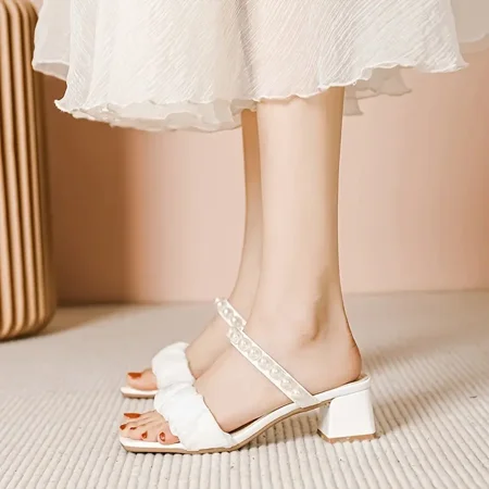 

Women‘s Ruched Mesh Sandals Faux Pearl Chunky Heeled Square Open Toe Slippers Women‘s Casual Fashion Slides