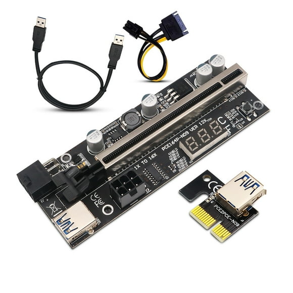 Adaptador de tarjeta vertical PCI-E Pantalla digital de temperatura 8 capacitores sólidos Puerto de alimentación de 6 pines Extensor PCI-Express con cable USB 3.0