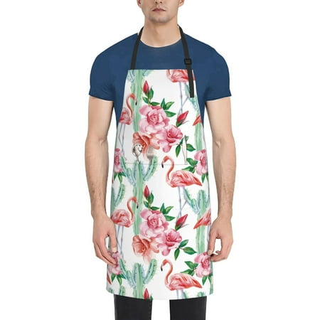 

Pofeuu Flamingo Flower Print Waterproof Apron with Pockets Adjustable Cooking Aprons Kitchen Bib for Baking Household Cleaning