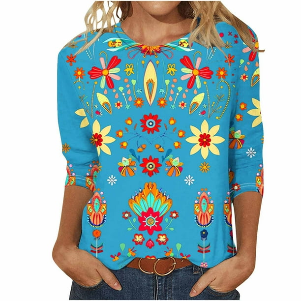 Camisetas Casuales de las Mujeres de Moda Impresa 3/4 Mangas Blusa Cuello Redondo para el Hogar Y Diario
