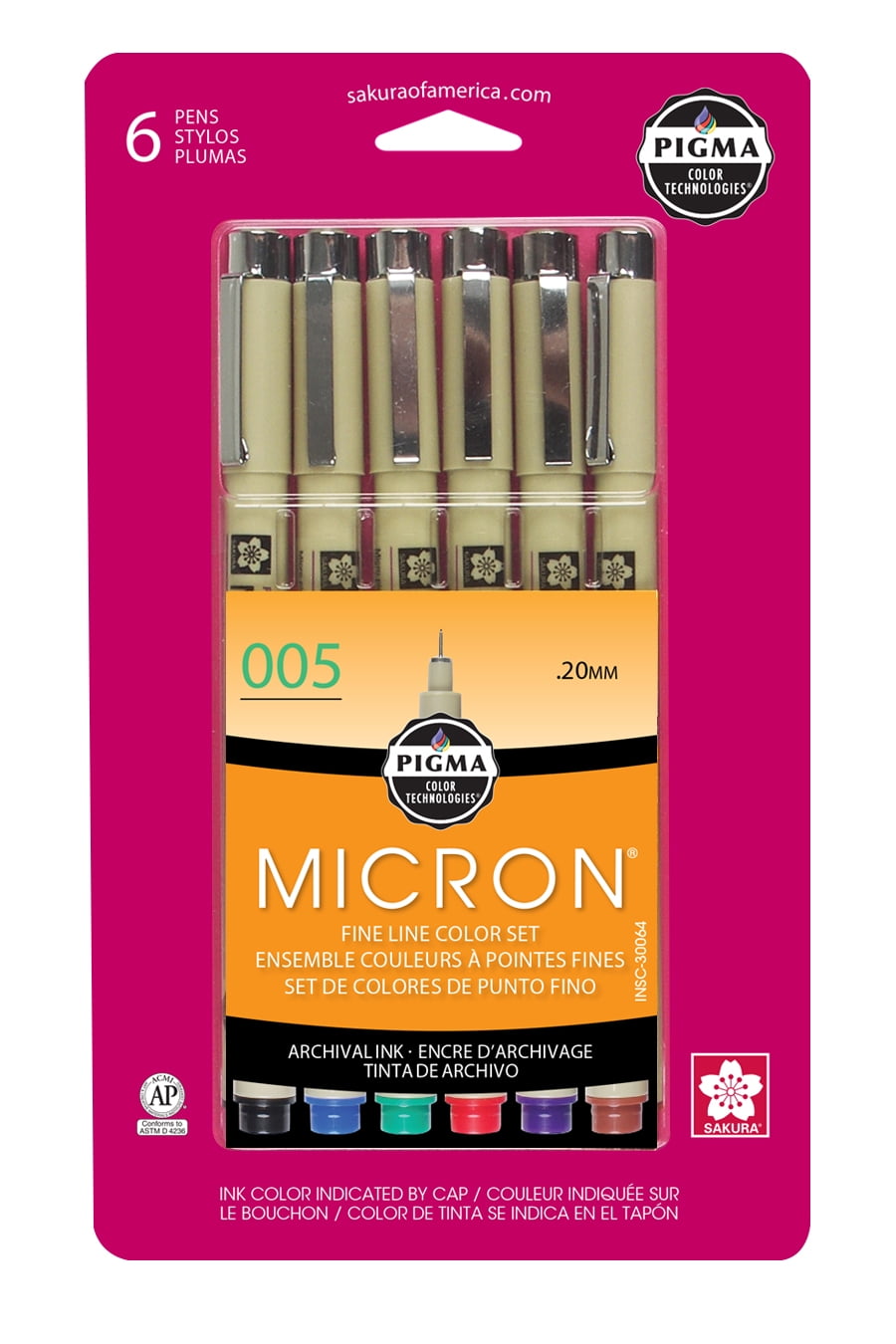 Sakura Pigma Micron Fineliner Pens, 6 Archival Colors, 005 Tip 6 Pack