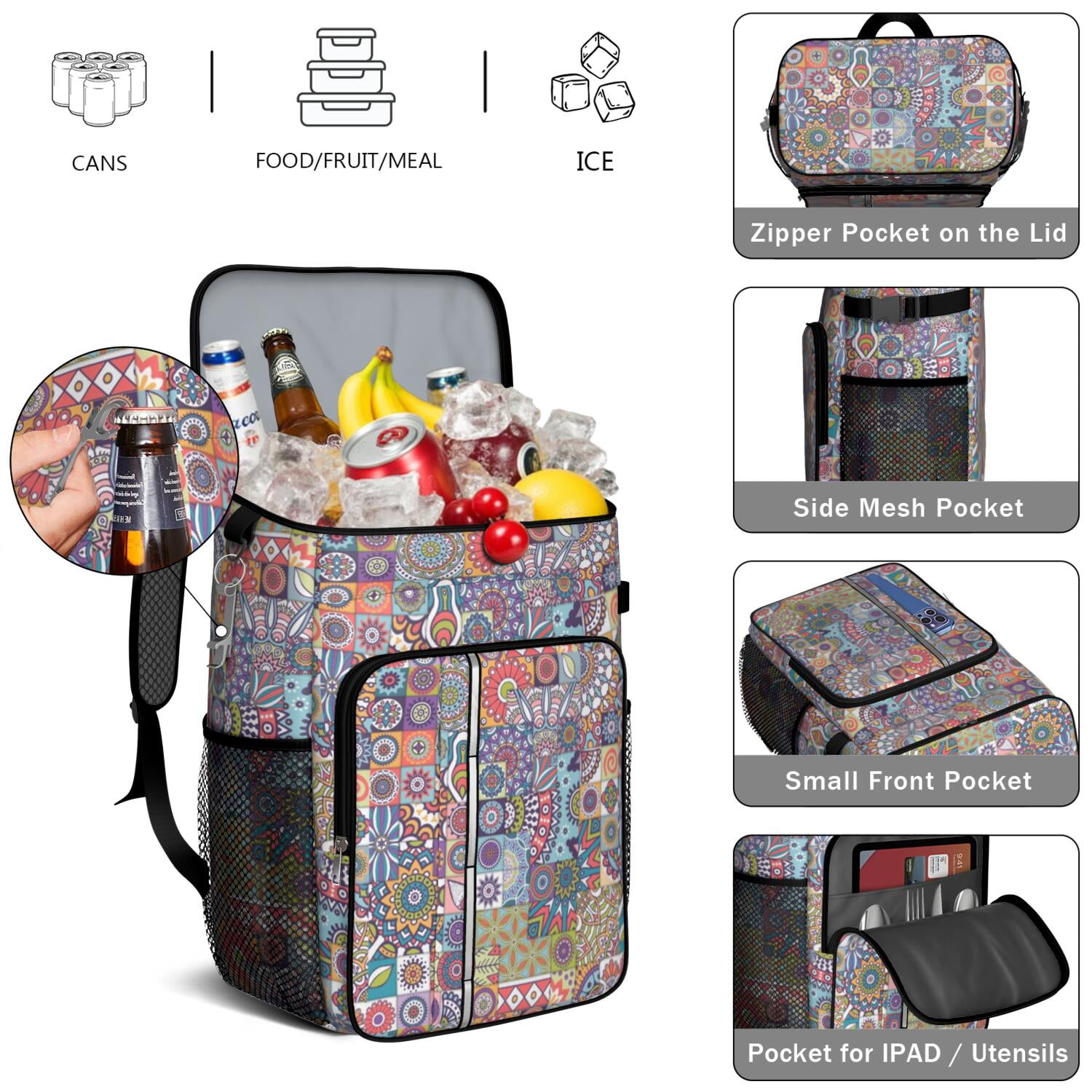 Travel Cooler Bag - Boho Bohemia Flower Camping Beer Cooler Backpack with Bottle Opener- Waterproof Insulated Picnic Backpacks - Cooler Bag for Beach
