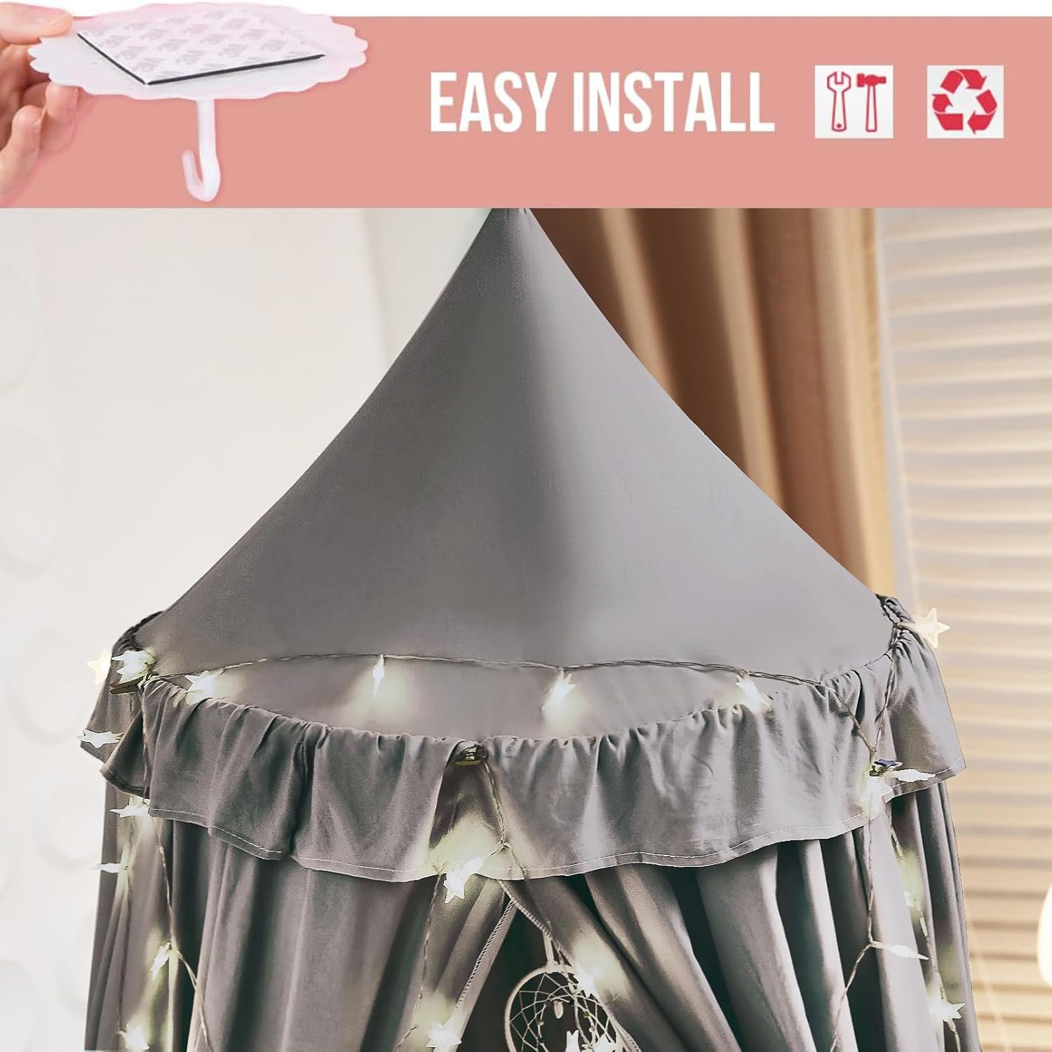 Decor Canopy for Kids Bed, Soft Smooth Playing Tent Canopy Girls Room Decoration Princess Castle, Dreamy Mosquito Net Bedding, Children Reading Nook Canopies in Home (Gray)