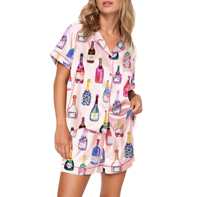 TheFound Women 2 Pcs Lounge Wear Pajamas Set Short Sleeve Champagne Print Button Up Shirt + Shorts