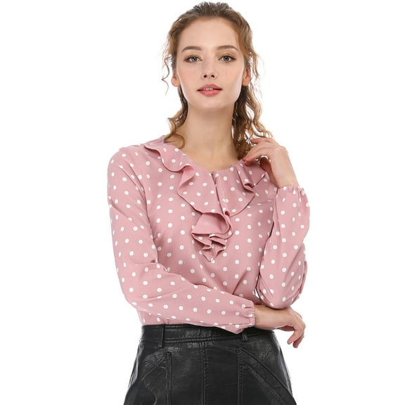 INSPIRE CHIC Women's Valentine's Day Ruffle Neck Long Sleeve Blouse Shirts XS Pink-Dots