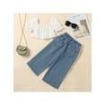 thumbnail image 4 of Seyurigaoka 2Pcs Kids Girls' Trousers Suit Short Sleeve Ruffled Square Neck Lace Tops + Elastic Waist Ripped Denim Pants, 4 of 9