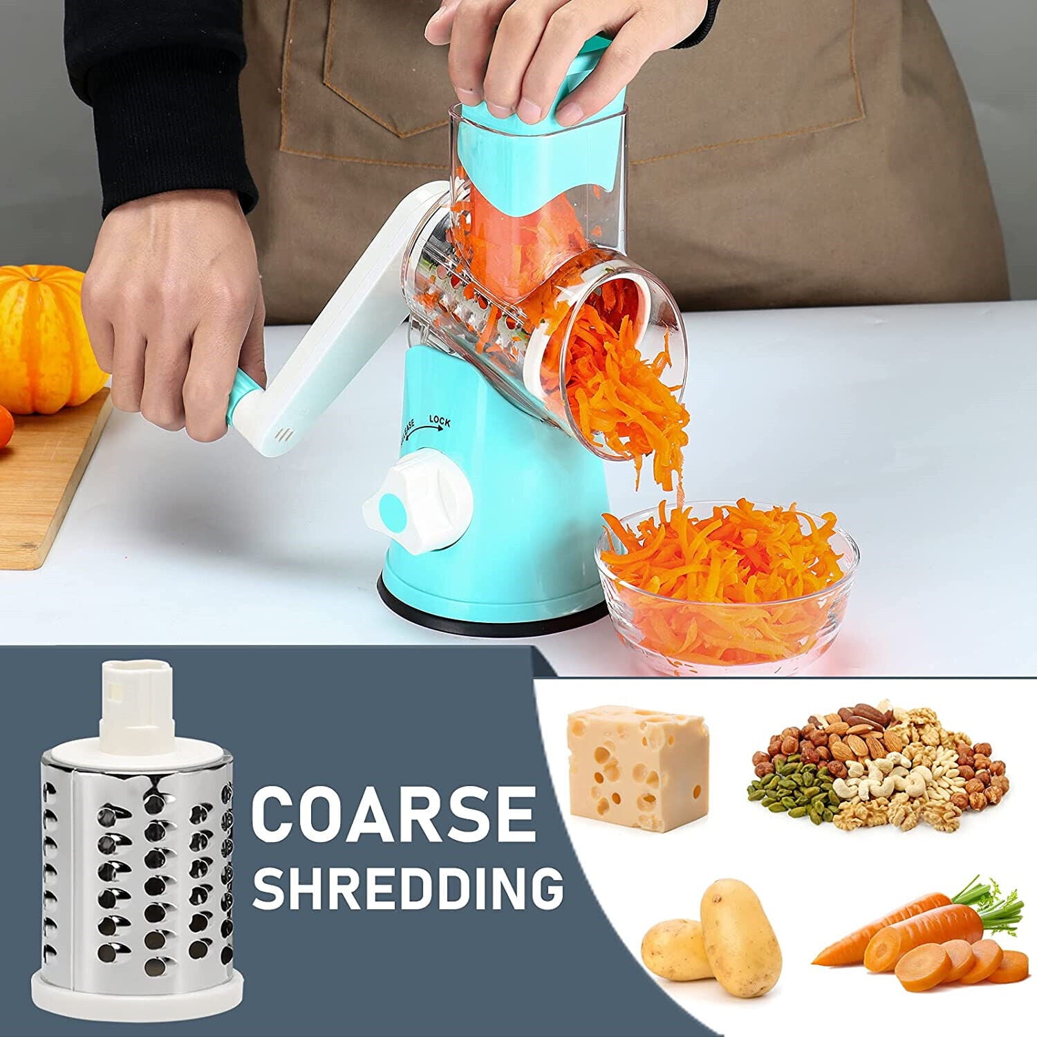 Rotary Cheese Grater - Khmer Kitchen Handheld Cheese Grater With Handle,  Veggie Shredder Nut Mill Grinder, 3 Interchangeable Stainless Steel Drums,  And Powerful Suction Base With Free Cleaning Brush