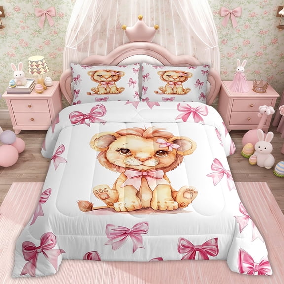 Erosebridal Cartoon Lion Animal Bedding Sets Twin with Comforter for Girls Kids, Pink Bow-tie Bedding Comforter Set, Pink Reversible 2-Piece