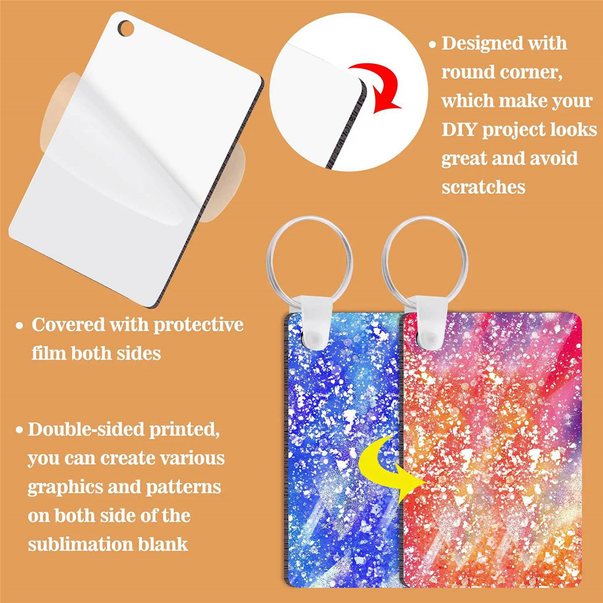 200 Pack Sublimation Keychain Blank Double Sided Heat Transfer MDF Board Key Ring DIY