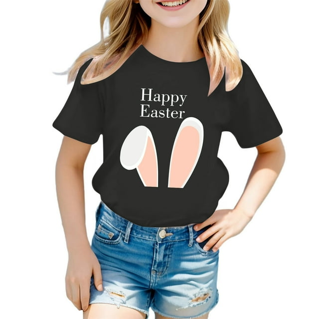 Toimothcn T-Shirts pour Filles Tout-Petits Joyeuses Pâques Mignon Lapin Carotte Graphique Imprimé Manches Courtes Col Rond Coupe Ample T-Shirts 6-7 Ans
